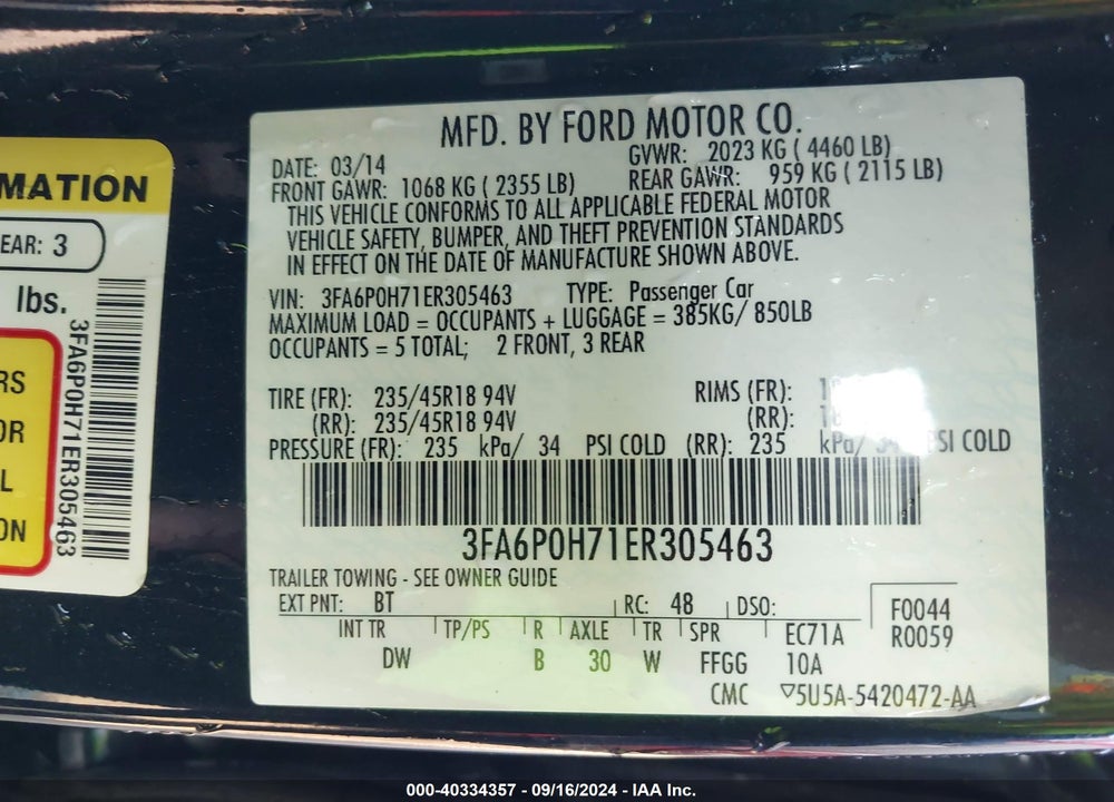 2014 FORD FUSION SE VIN: 3FA6P0H71ER305463