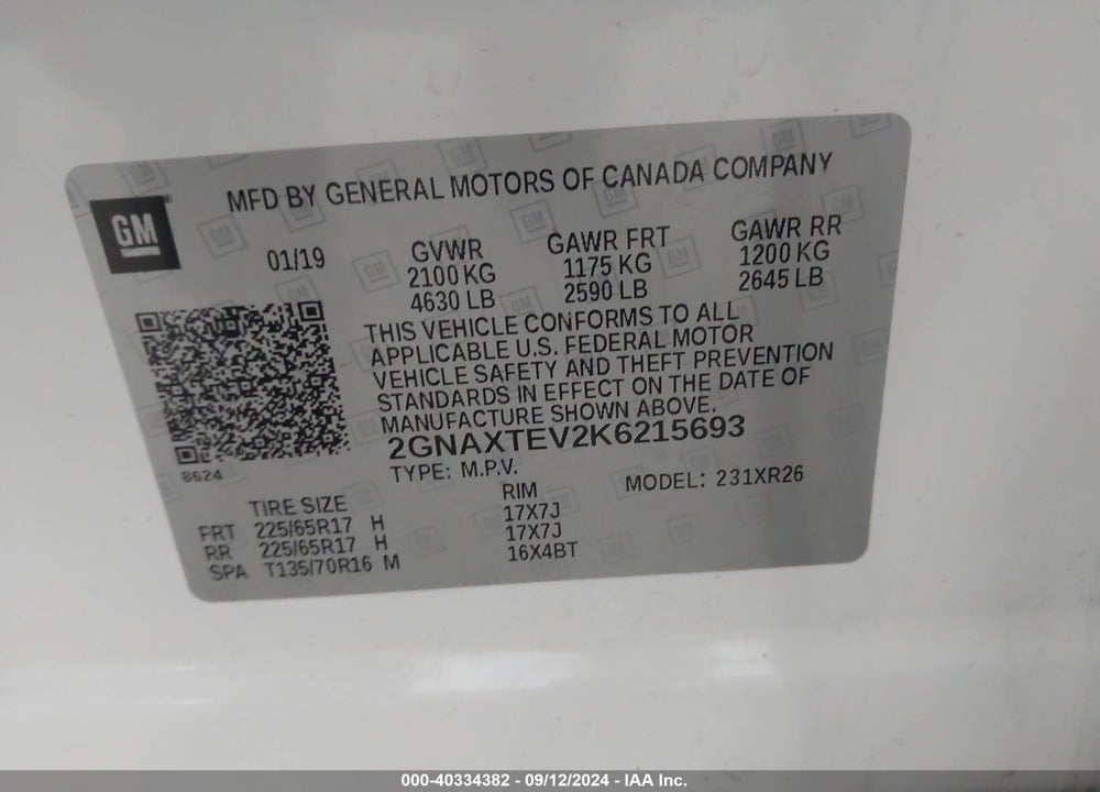 2019 CHEVROLET EQUINOX LT VIN: 2GNAXTEV2K6215693