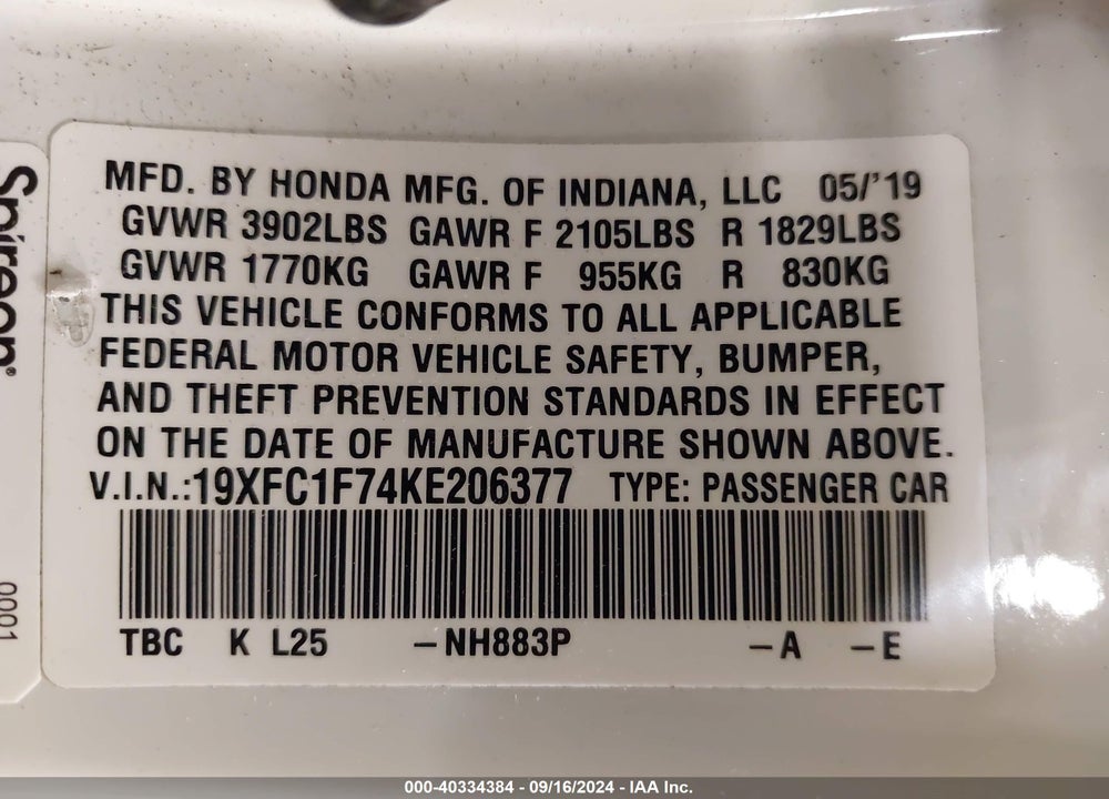 2019 HONDA CIVIC EX-L VIN: 19XFC1F74KE206377