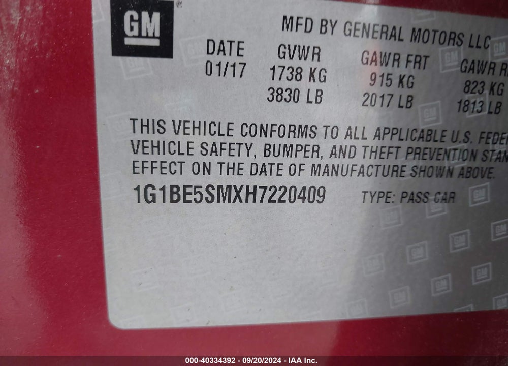 2017 CHEVROLET CRUZE LT AUTO VIN: 1G1BE5SMXH7220409