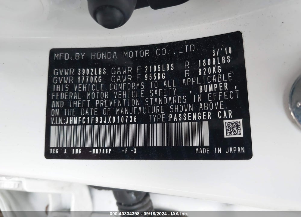 2018 HONDA CIVIC TOURING VIN: JHMFC1F93JX010736