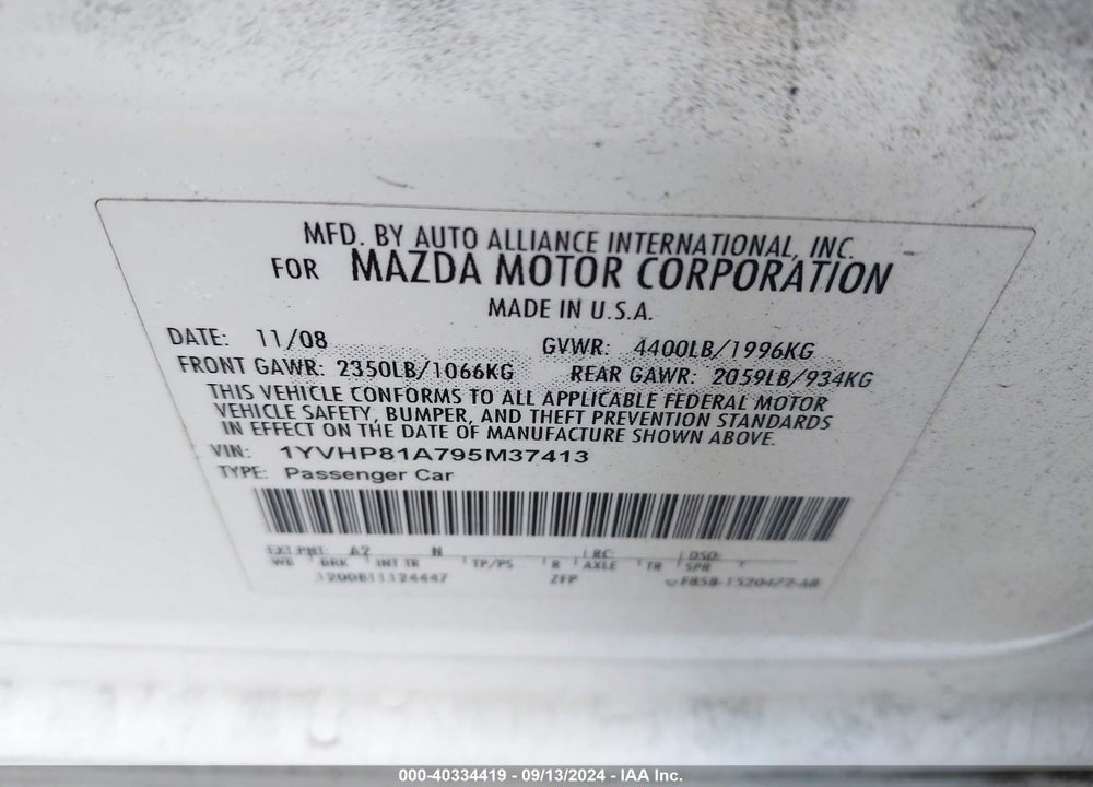 2009 MAZDA 6 I SPORT VIN: 1YVHP81A795M37413