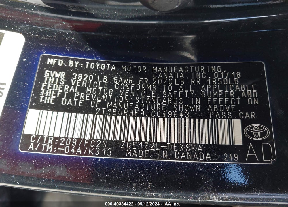 2018 TOYOTA COROLLA SE VIN: 2T1BURHE9JC049643
