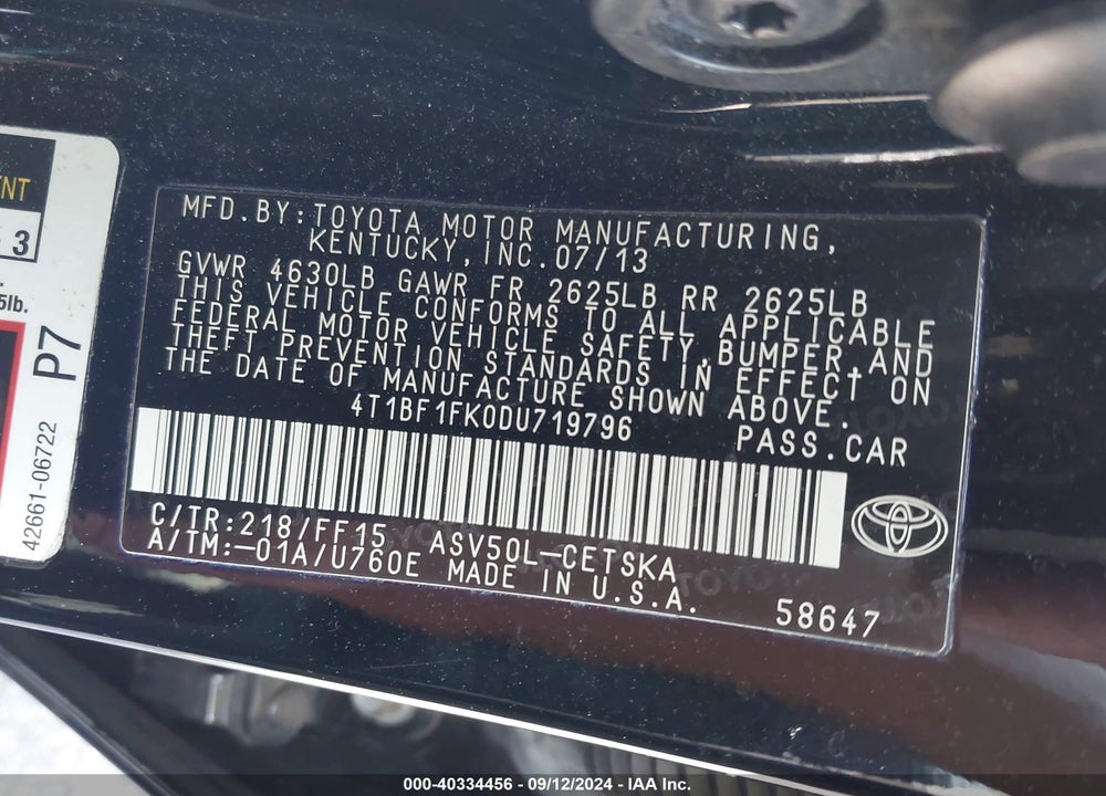 2013 TOYOTA CAMRY SE VIN: 4T1BF1FK0DU719796