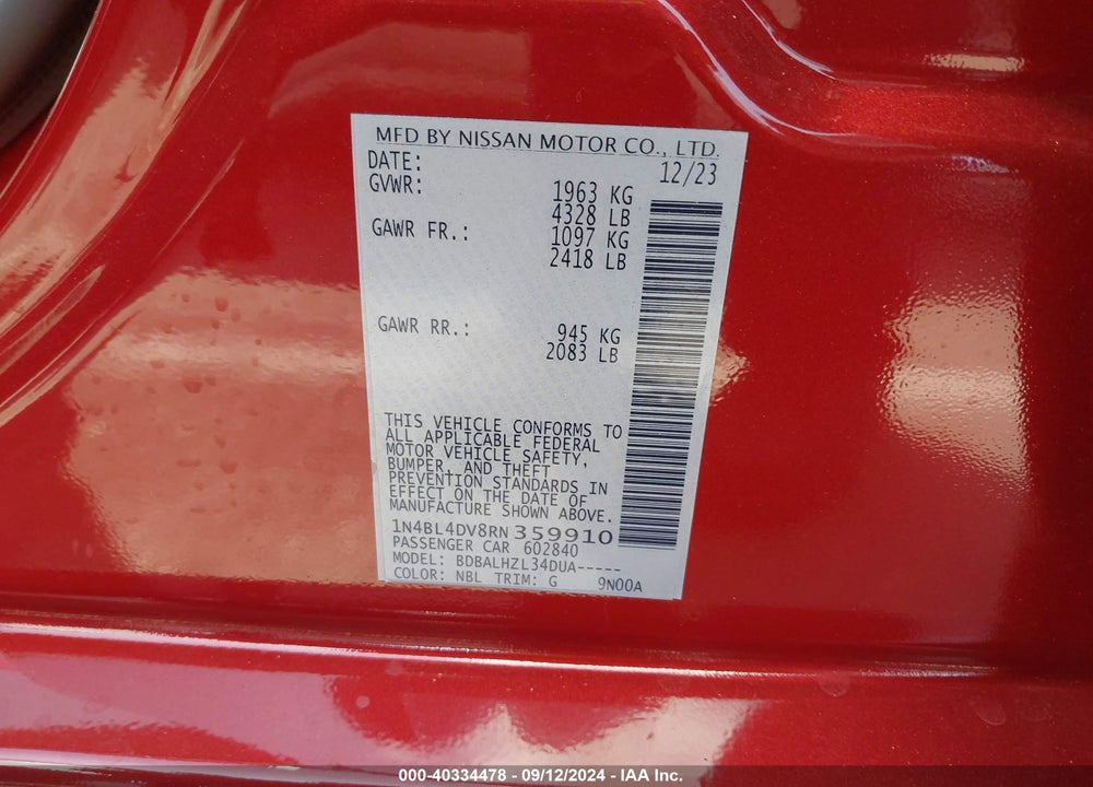 2024 NISSAN ALTIMA SV FWD VIN: 1N4BL4DV8RN359910