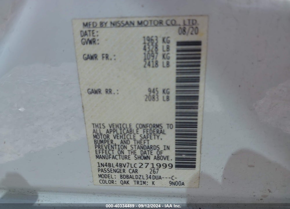 2020 NISSAN ALTIMA S FWD VIN: 1N4BL4BV7LC271999