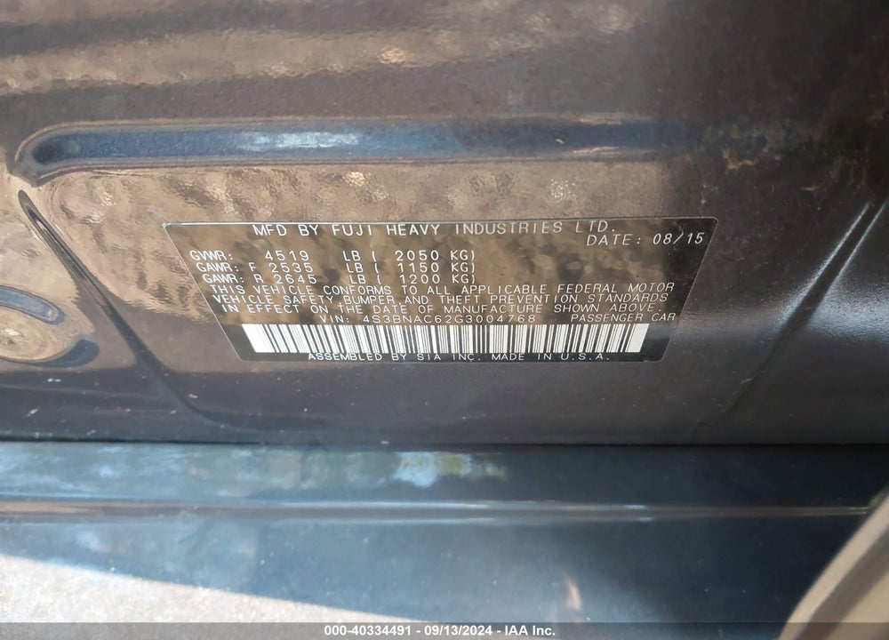 2016 SUBARU LEGACY 2.5I PREMIUM VIN: 4S3BNAC62G3004768
