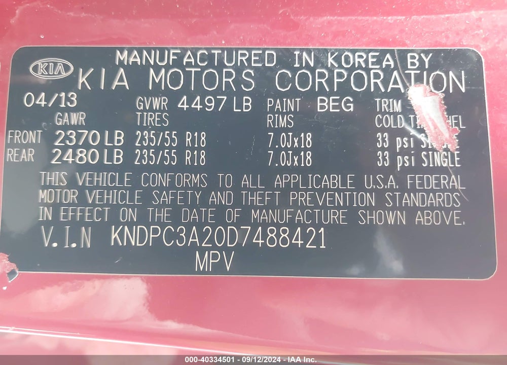 2013 KIA SPORTAGE EX VIN: KNDPC3A20D7488421