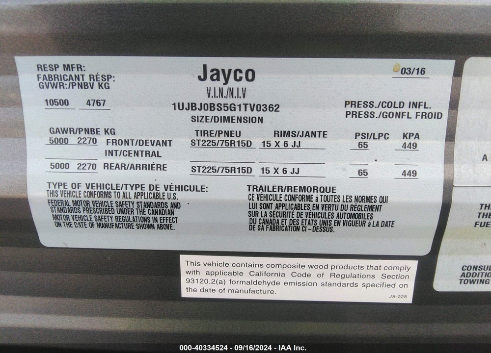 2016 JAYCO JAYFLIGHT VIN: 1UJBJ0BS5G1TV0362