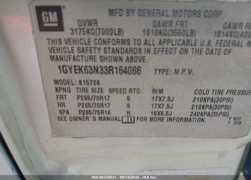 2003 CADILLAC ESCALADE STANDARD VIN: 1GYEK63N33R164086