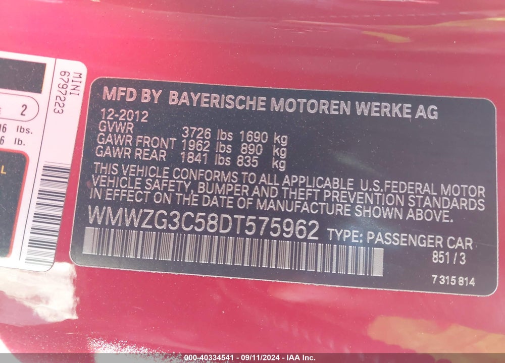 2013 MINI CLUBMAN COOPER S VIN: WMWZG3C58DT575962