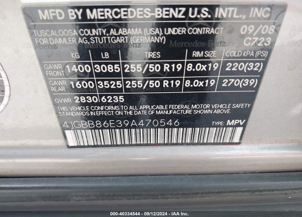 2009 MERCEDES-BENZ ML 350 4MATIC VIN: 4JGBB86E39A470546