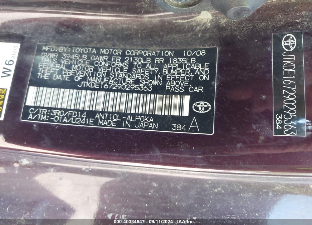 2009 SCION TC VIN: JTKDE167290295363