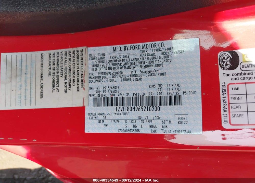 2006 FORD MUSTANG V6 VIN: 1ZVFT80N965210200