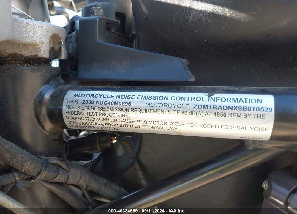 2009 DUCATI MONSTER 696 VIN: ZDM1RADNX9B010529