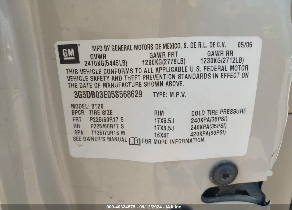 2005 BUICK RENDEZVOUS CX VIN: 3G5DB03E05S568629