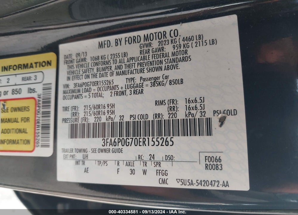 2014 FORD FUSION S VIN: 3FA6P0G70ER155265