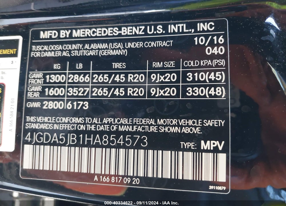 2017 MERCEDES-BENZ GLE 350 VIN: 4JGDA5JB1HA854573