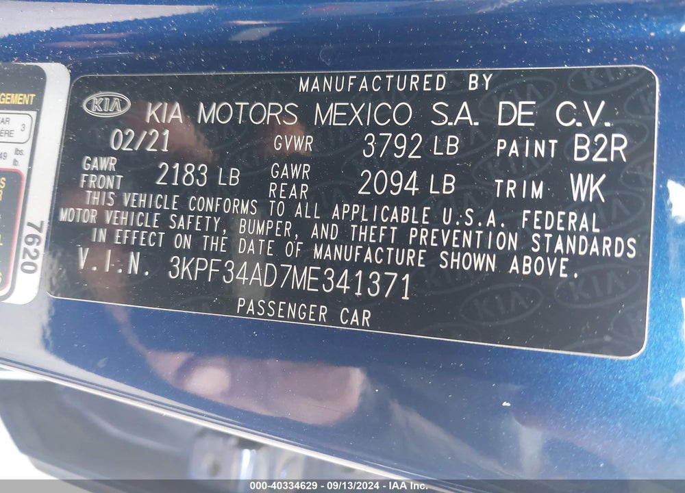 2021 KIA FORTE GT LINE VIN: 3KPF34AD7ME341371