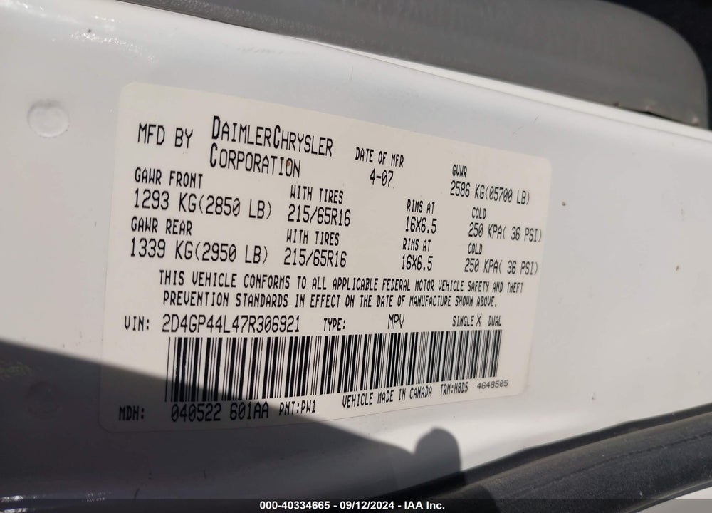 2007 DODGE GRAND CARAVAN SXT VIN: 2D4GP44L47R306921