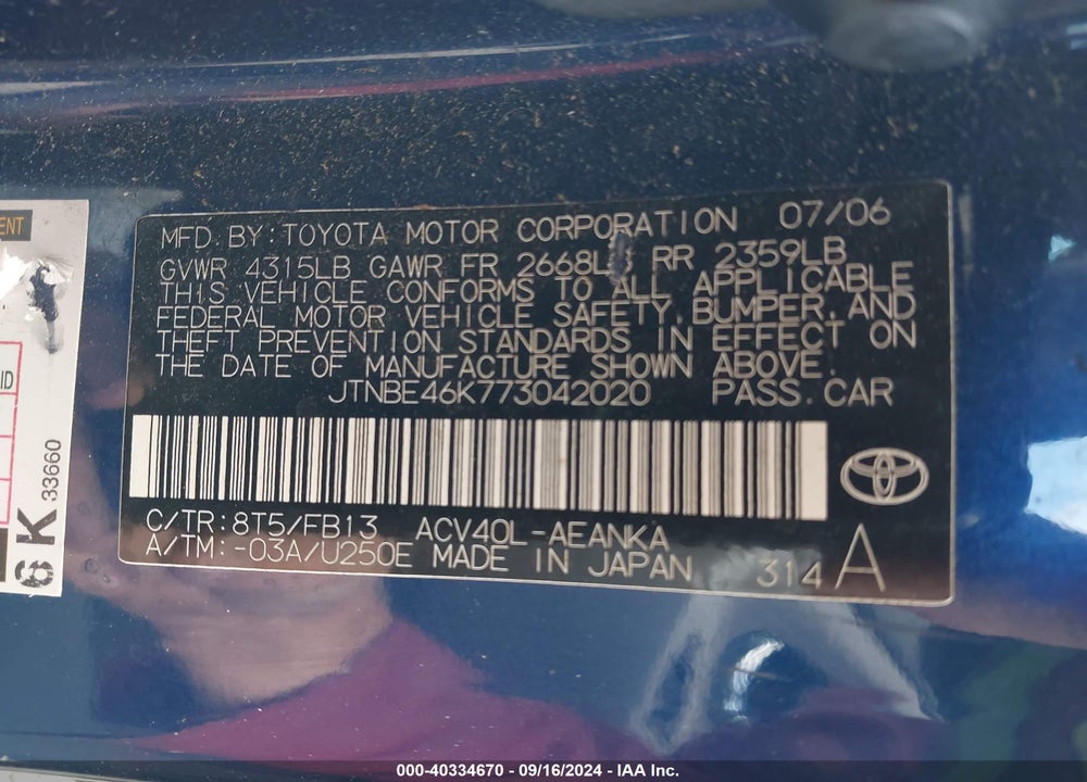 2007 TOYOTA CAMRY CE VIN: JTNBE46K773042020