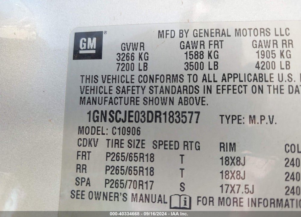 2013 CHEVROLET SUBURBAN 1500 LT VIN: 1GNSCJE03DR183577
