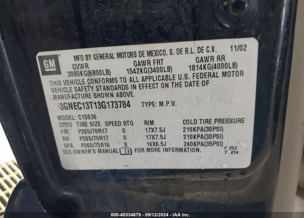 2003 CHEVROLET AVALANCHE 1500 VIN: 3GNEC13T13G173784