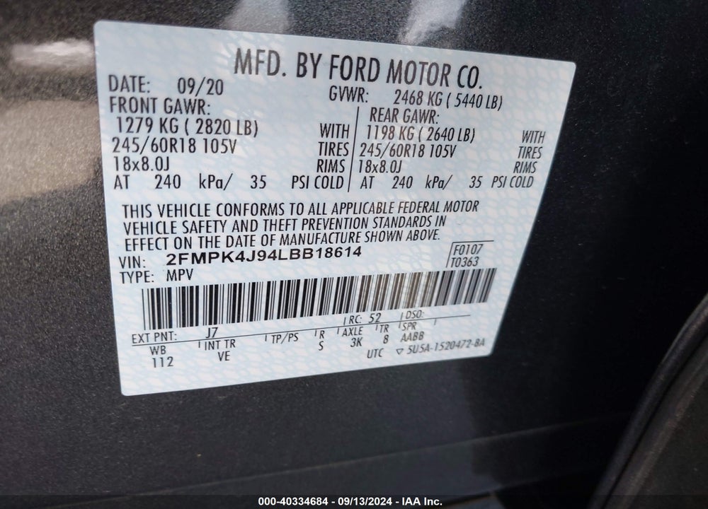 2020 FORD EDGE SEL VIN: 2FMPK4J94LBB18614