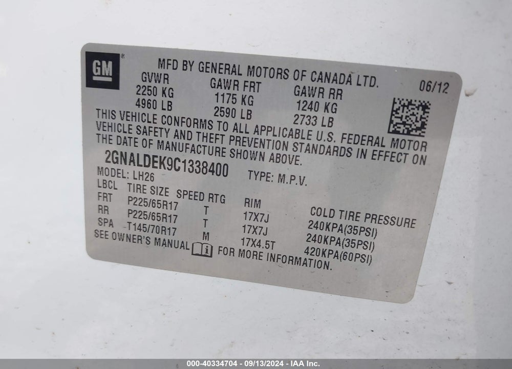 2012 CHEVROLET EQUINOX 1LT VIN: 2GNALDEK9C1338400