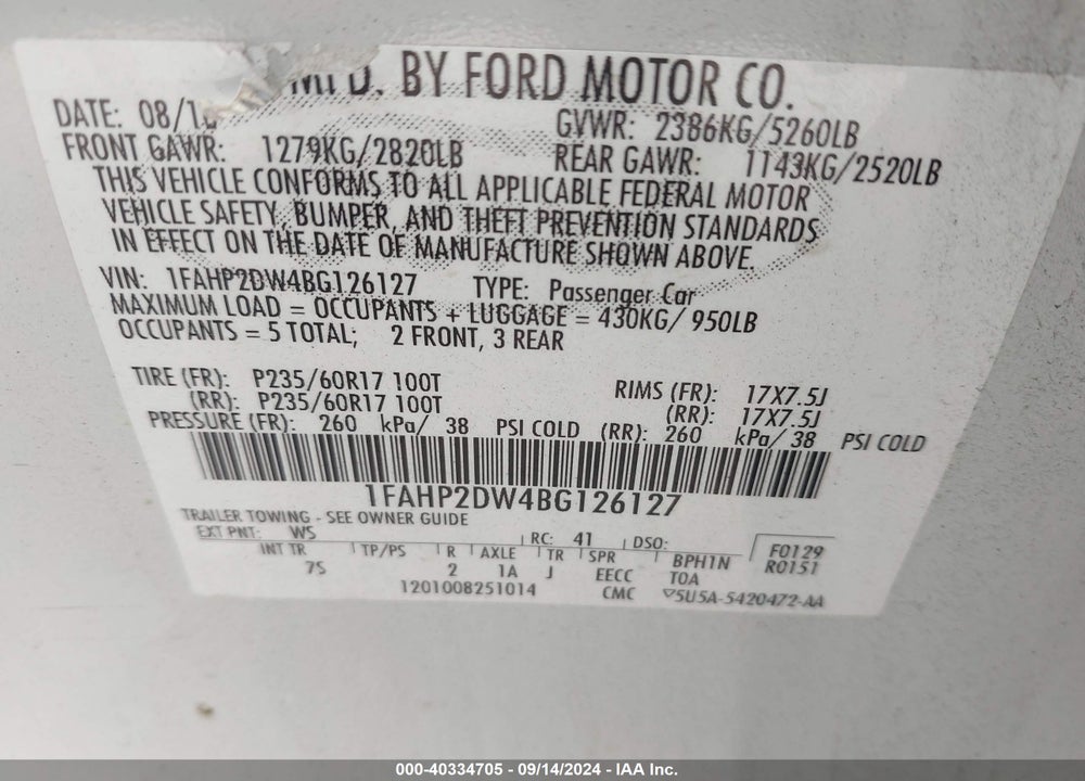 2011 FORD TAURUS SE VIN: 1FAHP2DW4BG126127