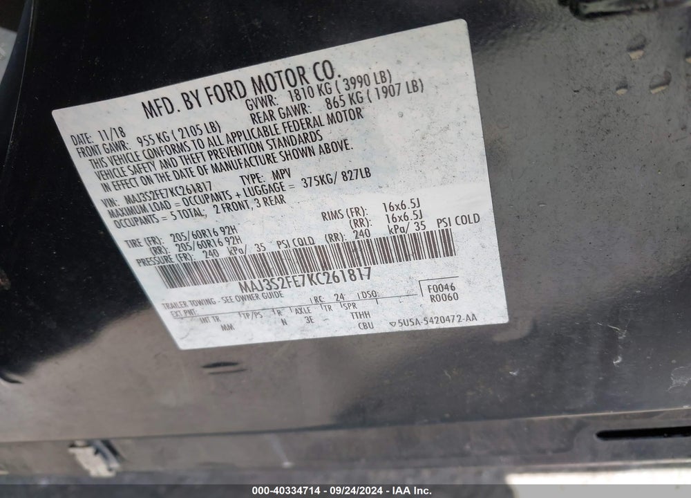 2019 FORD ECOSPORT S VIN: MAJ3S2FE7KC261817