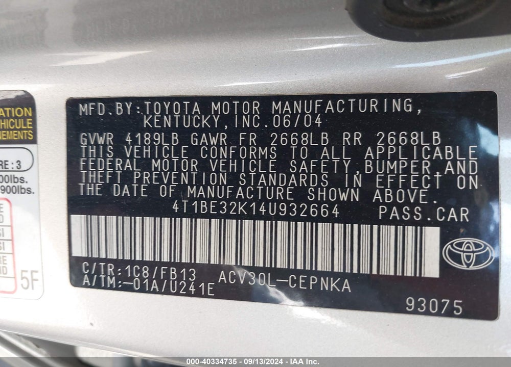 2004 TOYOTA CAMRY LE VIN: 4T1BE32K14U932664