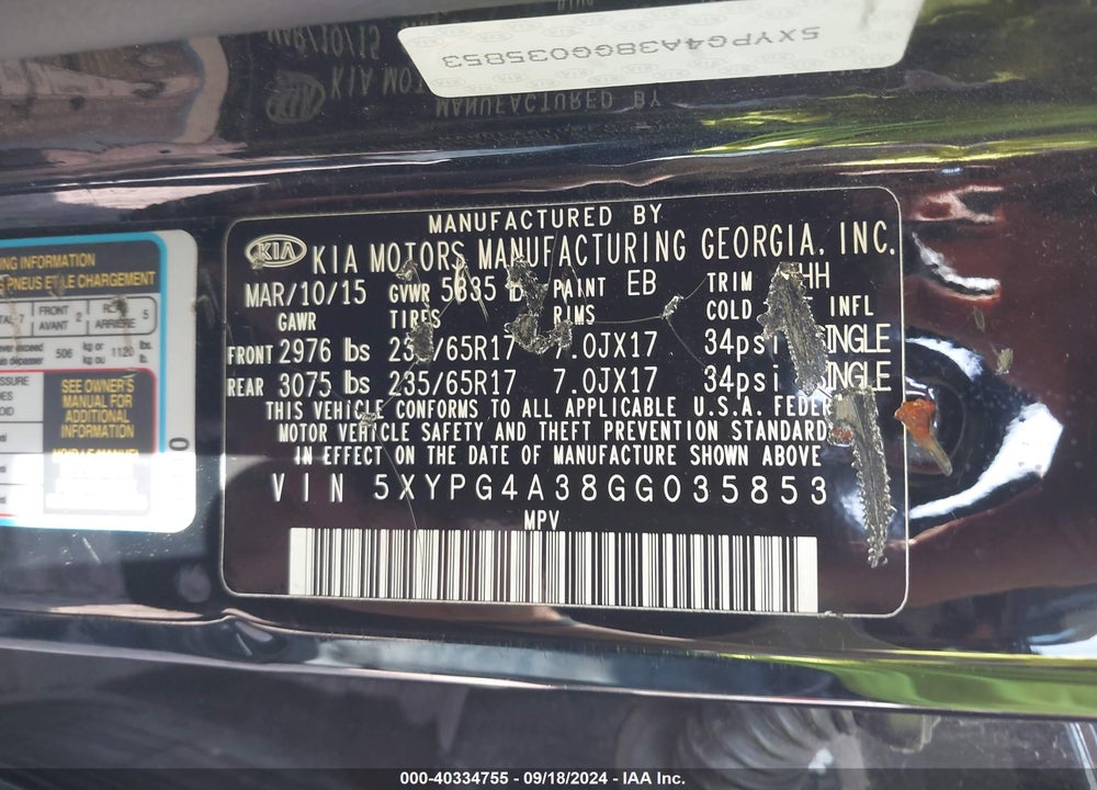 2016 KIA SORENTO 2.4L LX VIN: 5XYPG4A38GG035853