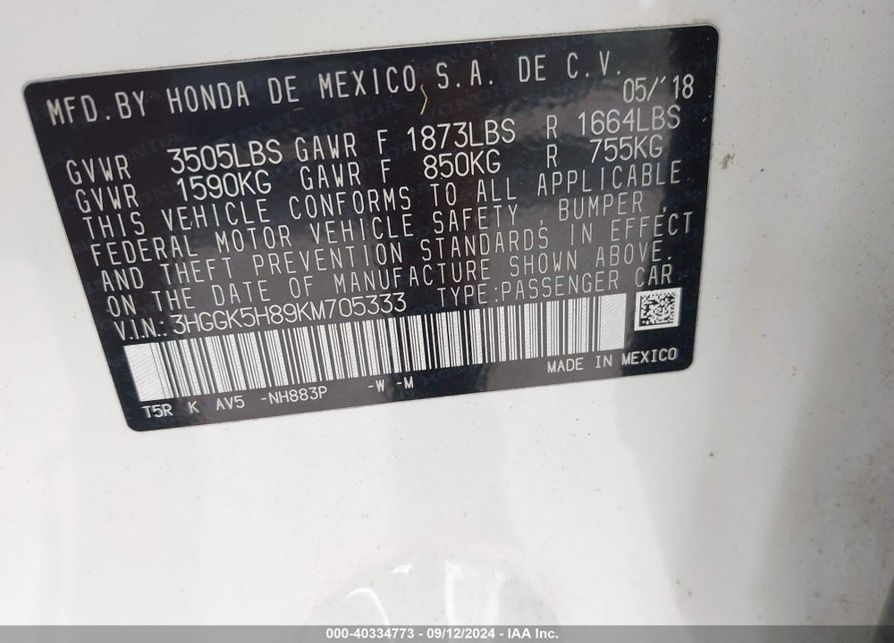 2019 HONDA FIT EX VIN: 3HGGK5H89KM705333