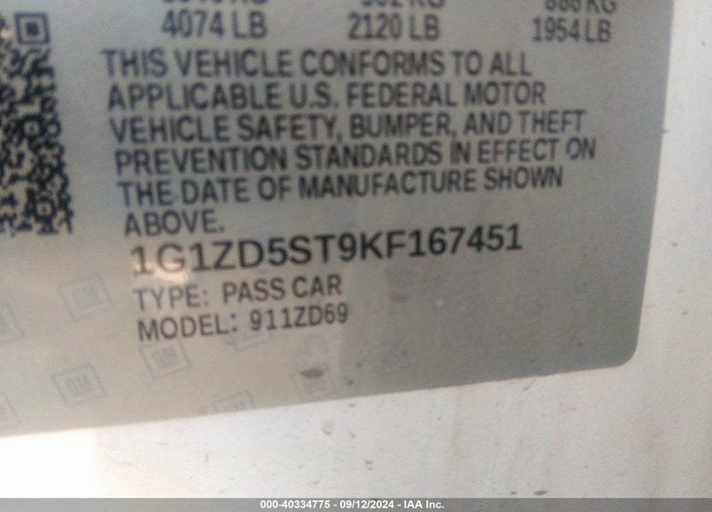 2019 CHEVROLET MALIBU LT VIN: 1G1ZD5ST9KF167451
