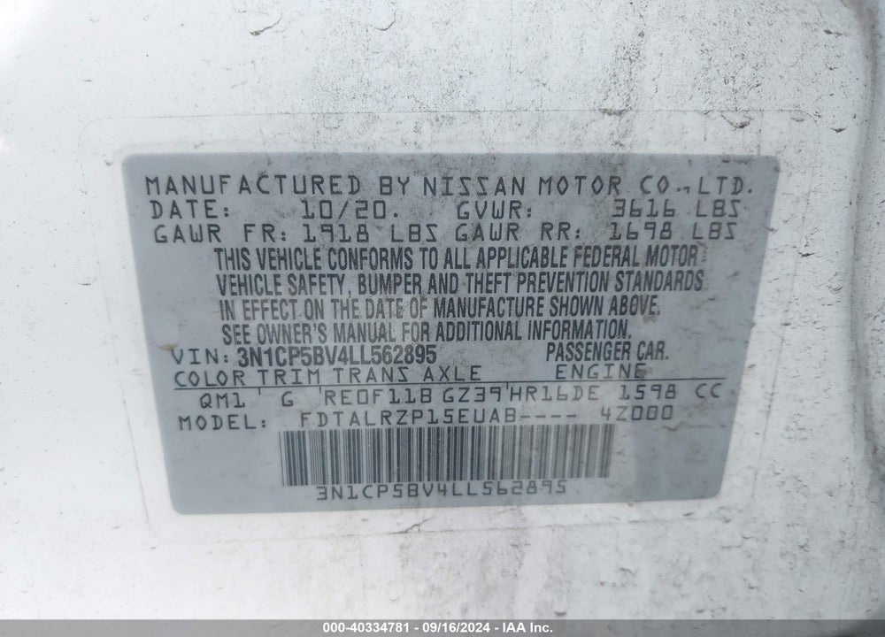 2020 NISSAN KICKS S XTRONIC CVT VIN: 3N1CP5BV4LL562895