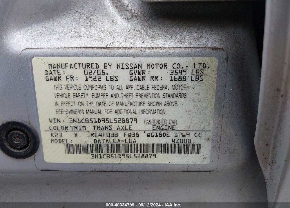 2005 NISSAN SENTRA 1.8S VIN: 3N1CB51D95L528879