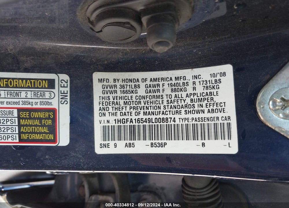 2009 HONDA CIVIC LX VIN: 1HGFA16549L008874