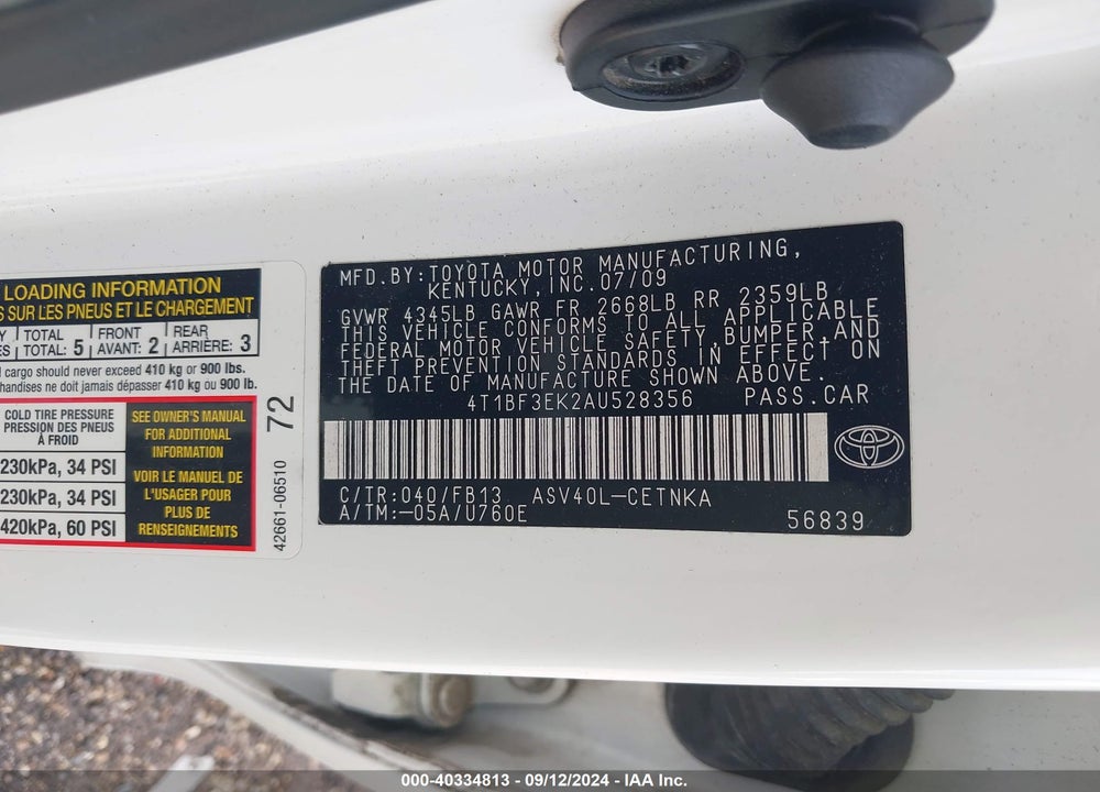 2010 TOYOTA CAMRY LE VIN: 4T1BF3EK2AU528356