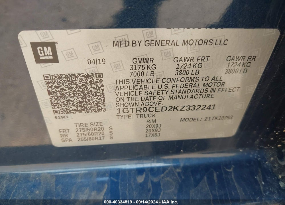 2019 GMC SIERRA 1500 ELEVATION VIN: 1GTR9CED2KZ332241