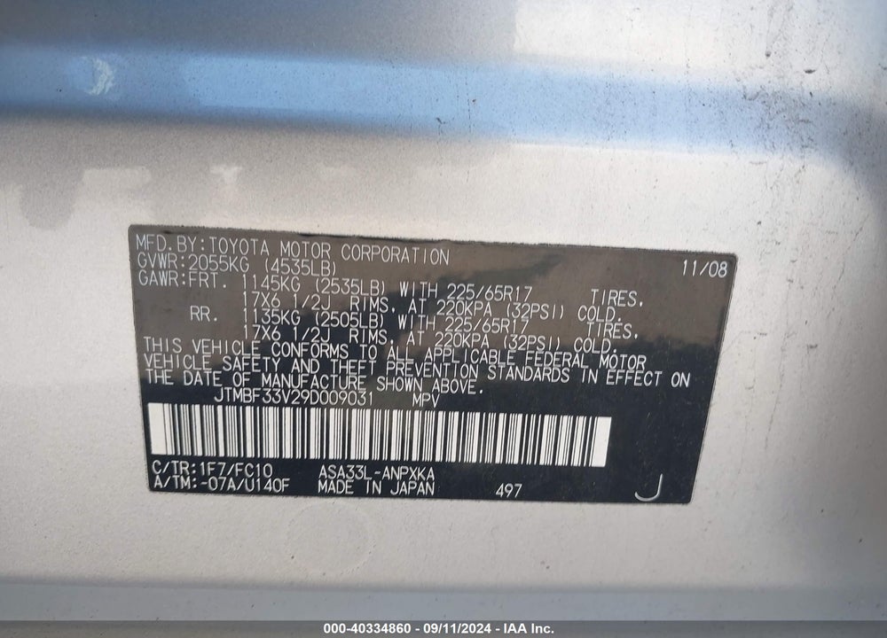2009 TOYOTA RAV4 VIN: JTMBF33V29D009031