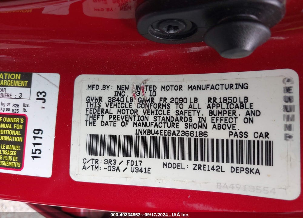 2010 TOYOTA COROLLA S VIN: 1NXBU4EE6AZ366186