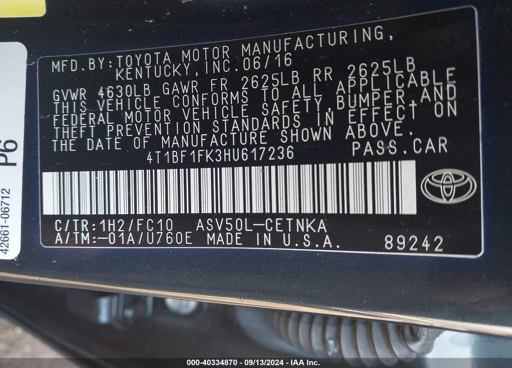 2017 TOYOTA CAMRY LE VIN: 4T1BF1FK3HU617236