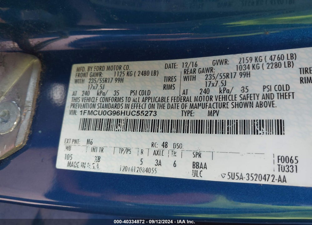 2017 FORD ESCAPE SE VIN: 1FMCU0G96HUC55273