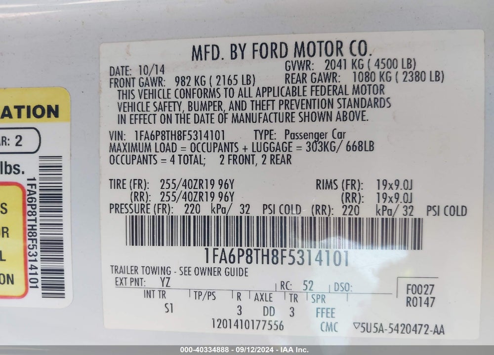 2015 FORD MUSTANG ECOBOOST VIN: 1FA6P8TH8F5314101