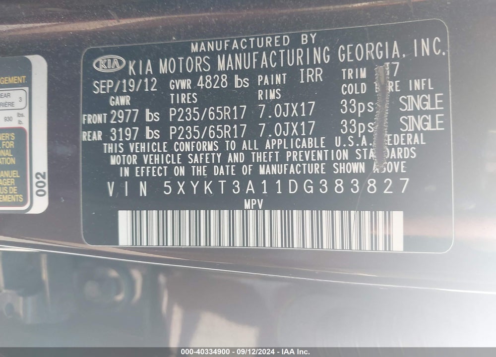 2013 KIA SORENTO LX VIN: 5XYKT3A11DG383827