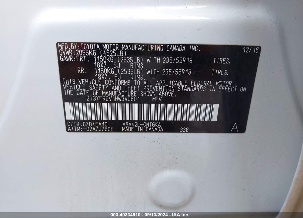 2017 TOYOTA RAV4 PLATINUM VIN: 2T3YFREV1HW340601
