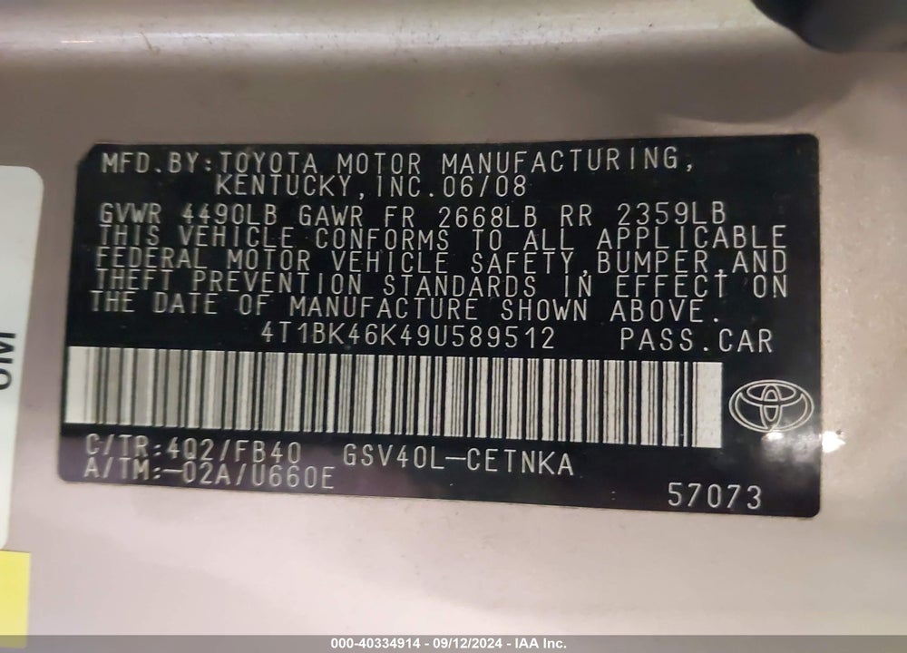 2009 TOYOTA CAMRY LE V6 VIN: 4T1BK46K49U589512
