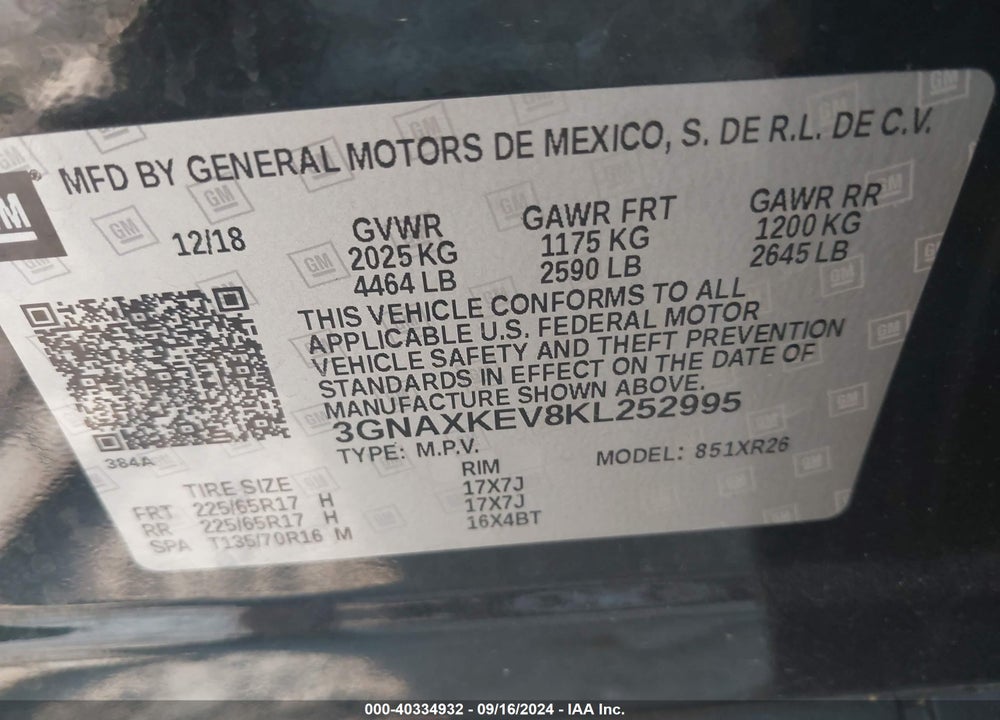 2019 CHEVROLET EQUINOX LT VIN: 3GNAXKEV8KL252995