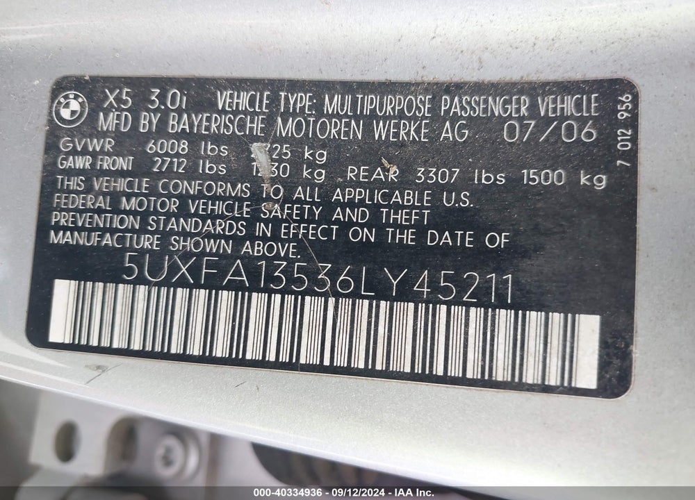 2006 BMW X5 3.0I VIN: 5UXFA13536LY45211